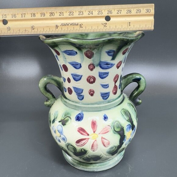 Vintage Japanese Ceramic Vase With Handles Vessel With Majolica Floral Pattern - Picture 3 of 16